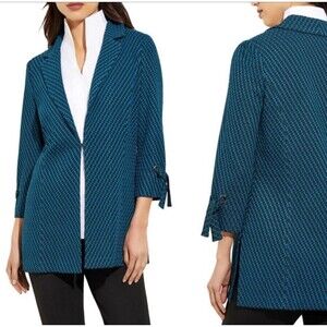 Misook Jacket Womens Medium Jacquard Knit Blazer Teal Black Tie Cuff Sleeve